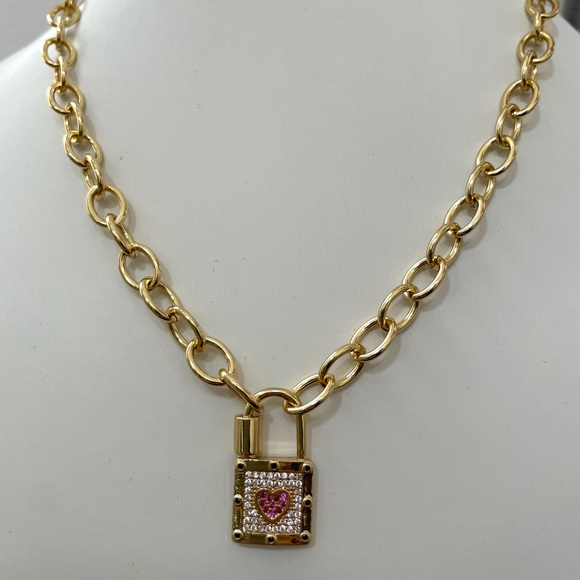 Heart Padlock Lock Charm Necklace with Oval Paperclip Link Carabiner - Picture 5 of 5